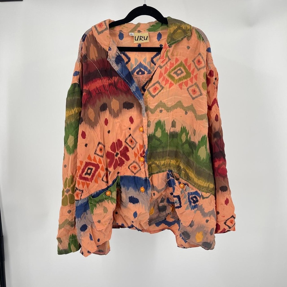 Vintage 90s URU Women's Silk Top XL Artisian Art to Wear Abstract Hand Dyed Boho